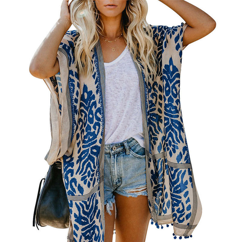 Bali Beach Resort Cardigan Printing Pompoms Kimono Blouses - Nation of Trends