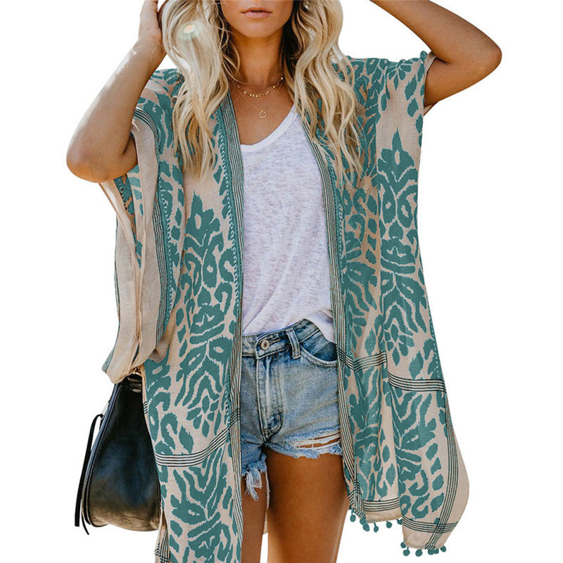 Bali Beach Resort Cardigan Printing Pompoms Kimono Blouses - Nation of Trends