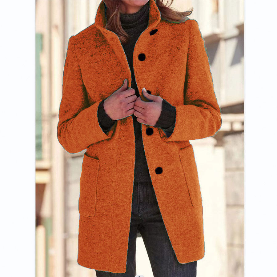 Fashion Stand Collar Woolen Coat With Pockets Fall Winter Casual Button Outwear For Women Clothing - Nation of Trends