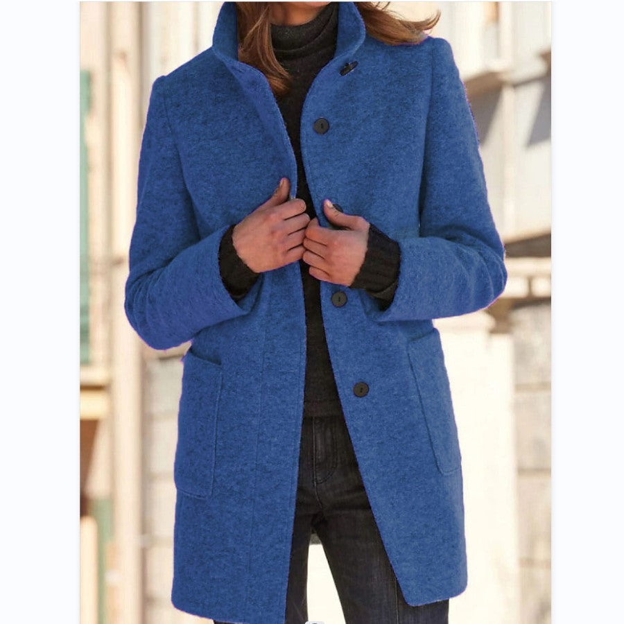 Fashion Stand Collar Woolen Coat With Pockets Fall Winter Casual Button Outwear For Women Clothing - Nation of Trends