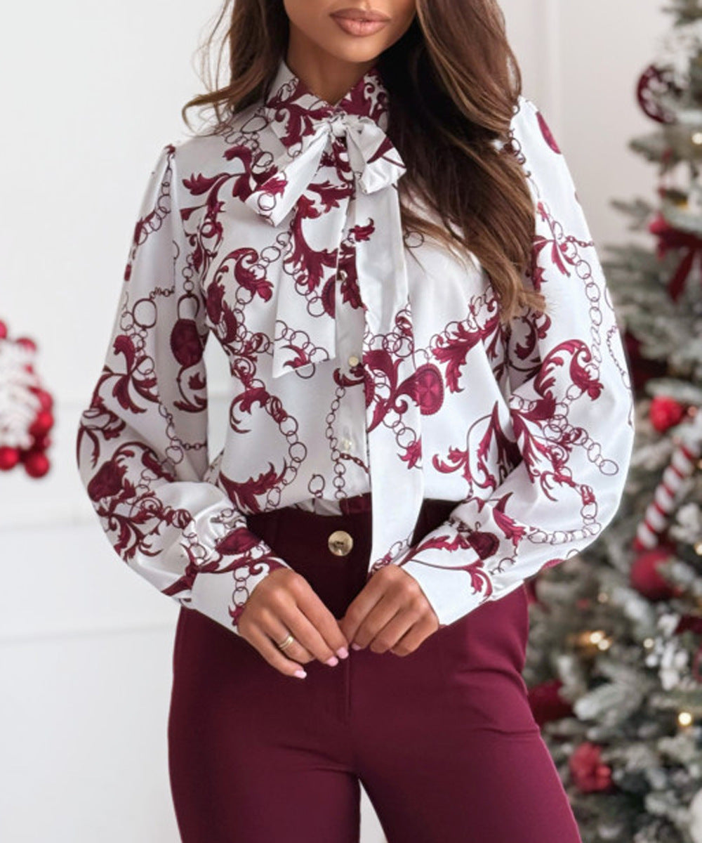 Printed Long Sleeve Bowknot Lining For Women - Nation of Trends